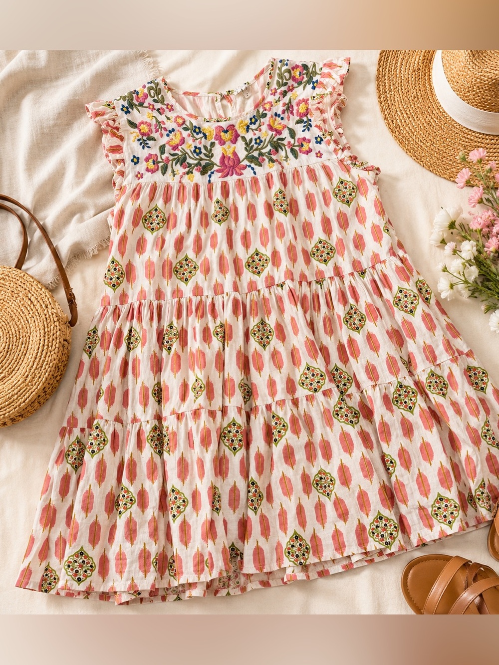 THML Embroidered Floral Tiered Dress Small Pink Cotton Linen Boho Anthro Style